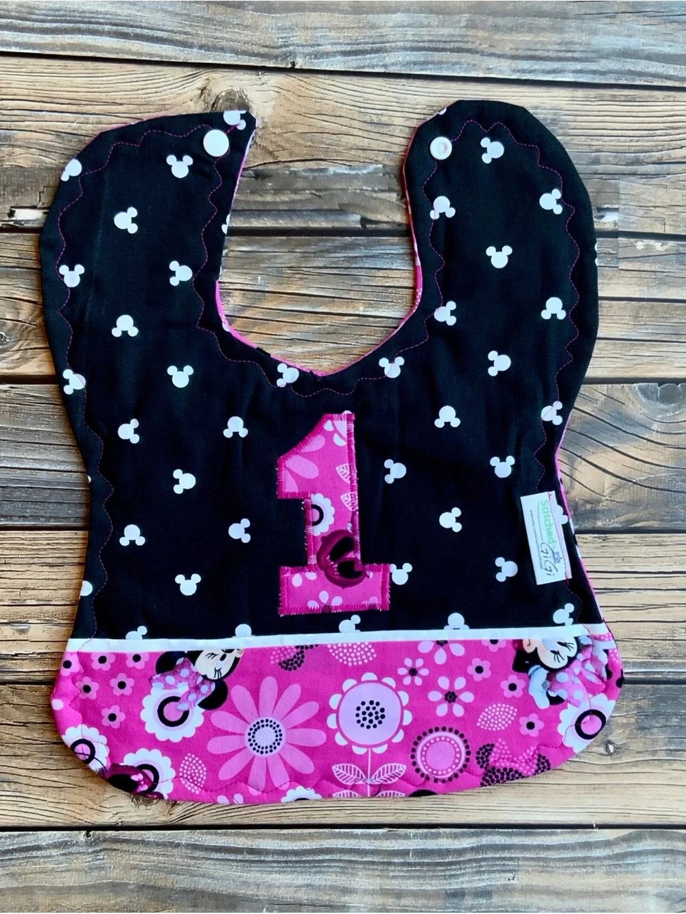 Minnie First Birthday Pink and Black Baby Bib with Number 1